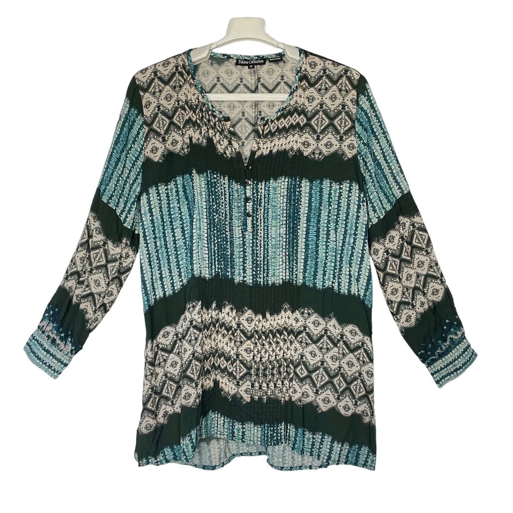 Tolani Collective Blue Black Pintuck Front Pullover Batik Tunic Top Size Small